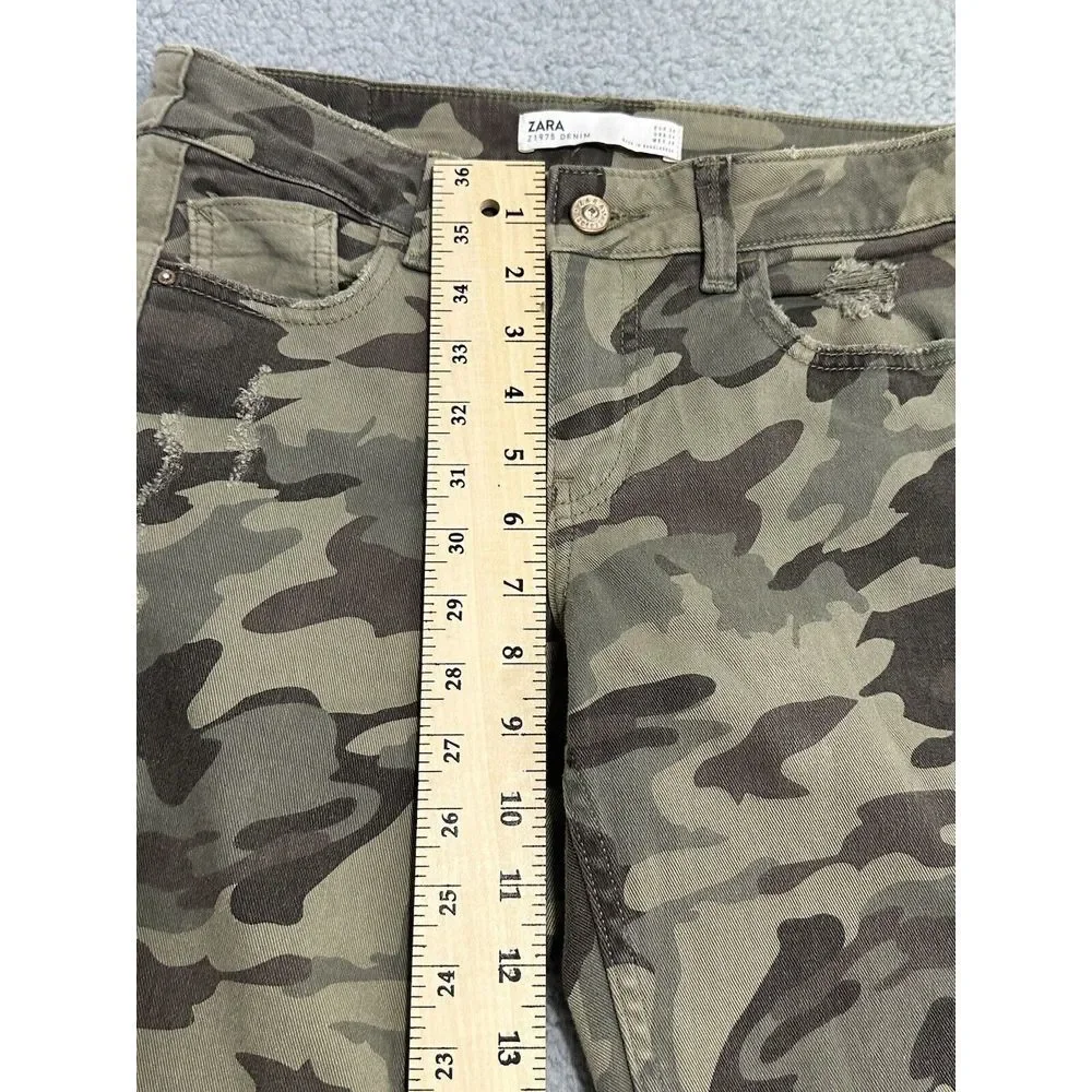 Zara Z1975‎ Denim Camouflage Ankle Pants Green Distressed Raw Hem Womens 4 - Picture 5 of 11